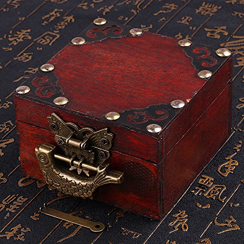 Image of Antique Small Chinese Locks with Key & Latch Hasp Set, Vintage Jewelry Gift Box Decorative Padlock Lock Hardware Latch Set for Wood Box, Fish Lock