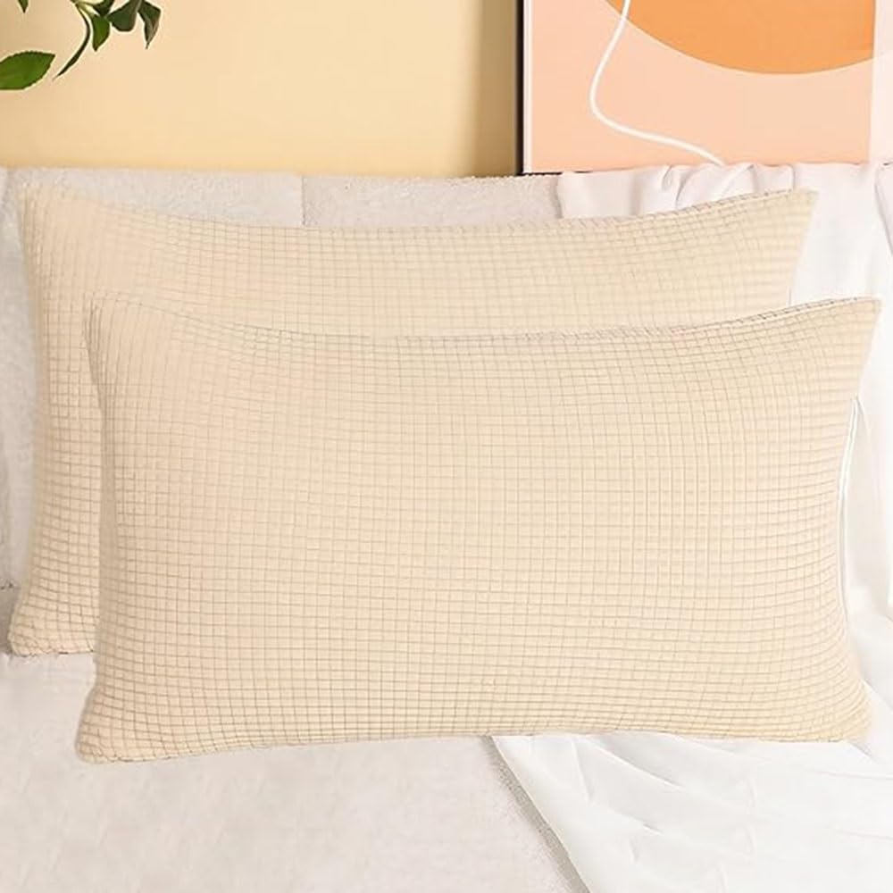 SWJ-swjssb Stretch Corduroy Pillowcases 2 Pack Super King Size Pillow Cases，Soft Decorative Cushion Covers Size Of Customised Invisible Zip, For Living Room Couch Sofa(Beige,65x80 cm Set Of 2)