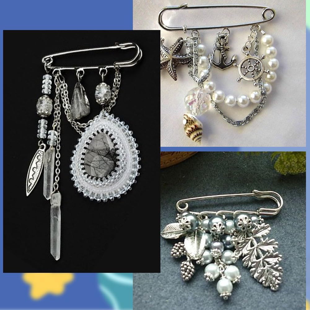 SUNNYCLUE 1 Box 50pcs 2 Inch Safety Pin Brooch Kit Brooch Safety Pins Silver Metal Steel Fastener Loops Large Kilt Pin Brooches with 3 Holes for Hats Skirt Sweater Badge Clothes Jewelry Makings DIY