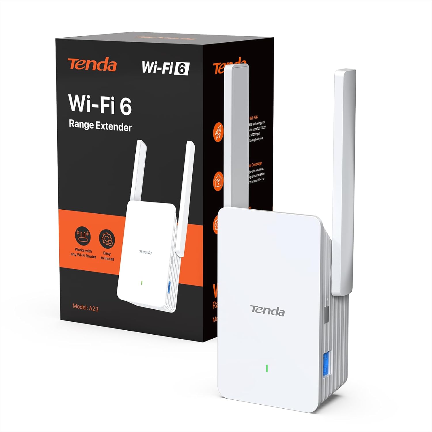 Tenda WiFi Repeater 6 A23, AX1500 Dual Band Amplifier, WiFi Extender, Access Point, Gigabit Ethernet Port, Compatible with All Internet Boxes, Easy Installation