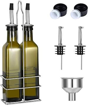 Glass Olive Oil Bottle - 250ml Second Generation Brown Oil & Vinegar Cruet with Pourers and Funnel - Olive Oil Carafe Decanter for Kitchen - 8.5 Oz Ounce
