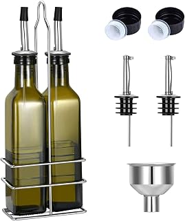 Gusnilo Glass Olive Oil Bottle - 250ml Second Generation Brown Oil & Vinegar Cruet with Pourers and Funnel - Olive Oil Carafe Decanter for Kitchen - (8.5 Oz Ounce)