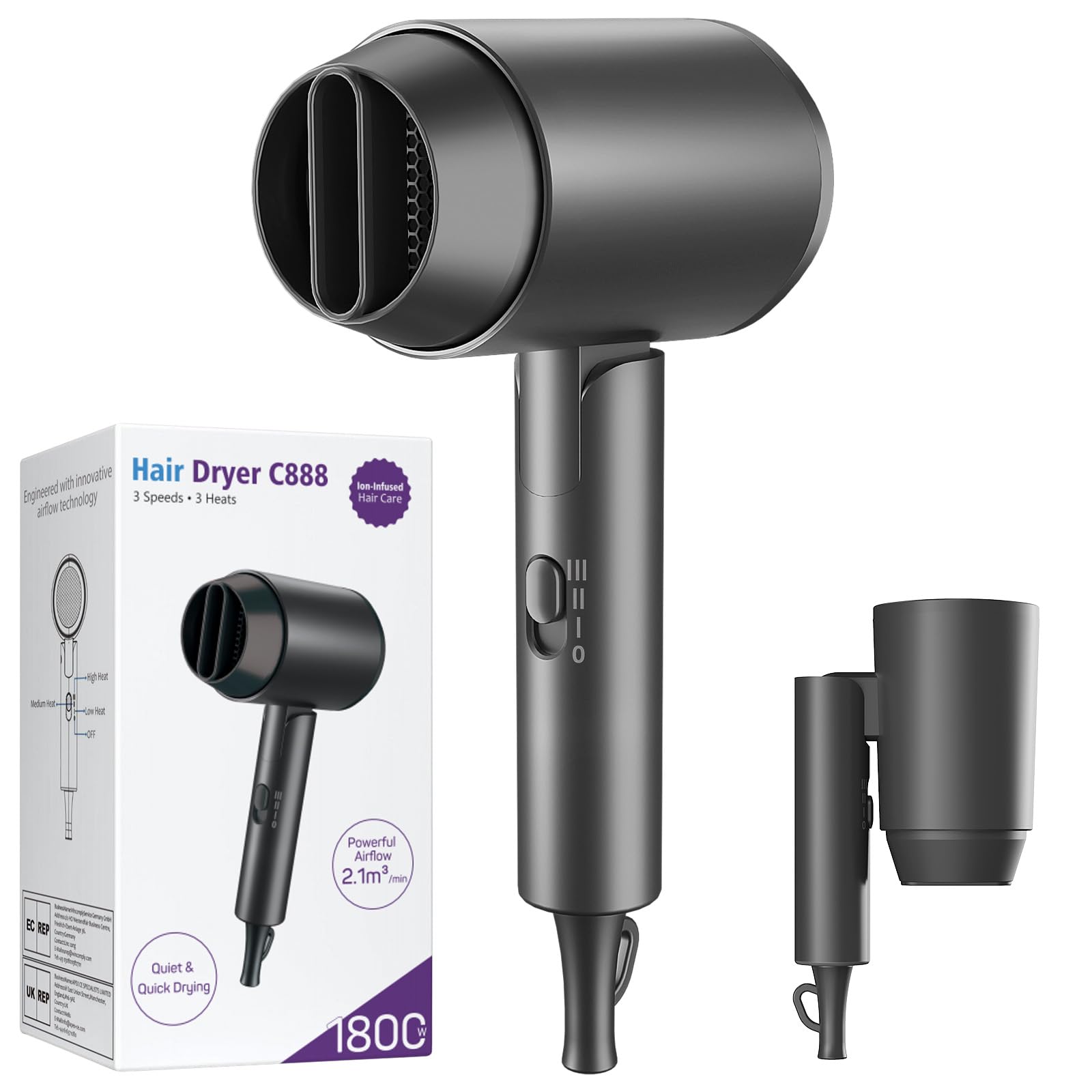 Ionen Föhn 1800W Haartrockner, Klappbar & Leichtgewicht Reisefön, Schnelltrocknen Hair Dryer, 3 Temperatureinstellungen, Haarfön Für Home-Salon & Reise