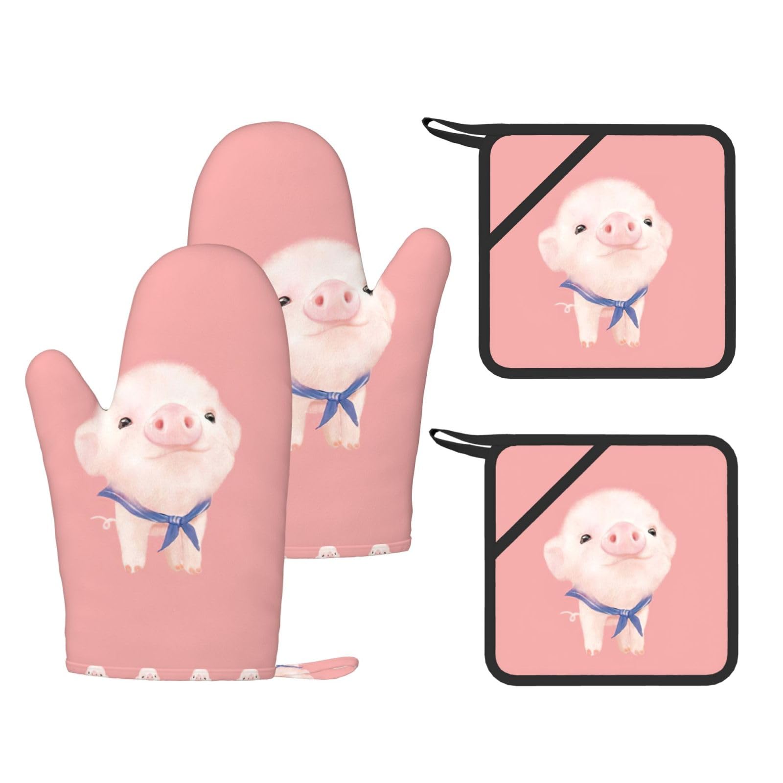 Pink Pig Printed Cooking Mitts and Pot Holders 4 Pcs, Heat Resistant Oven Gloves with Hanging Loop Chef