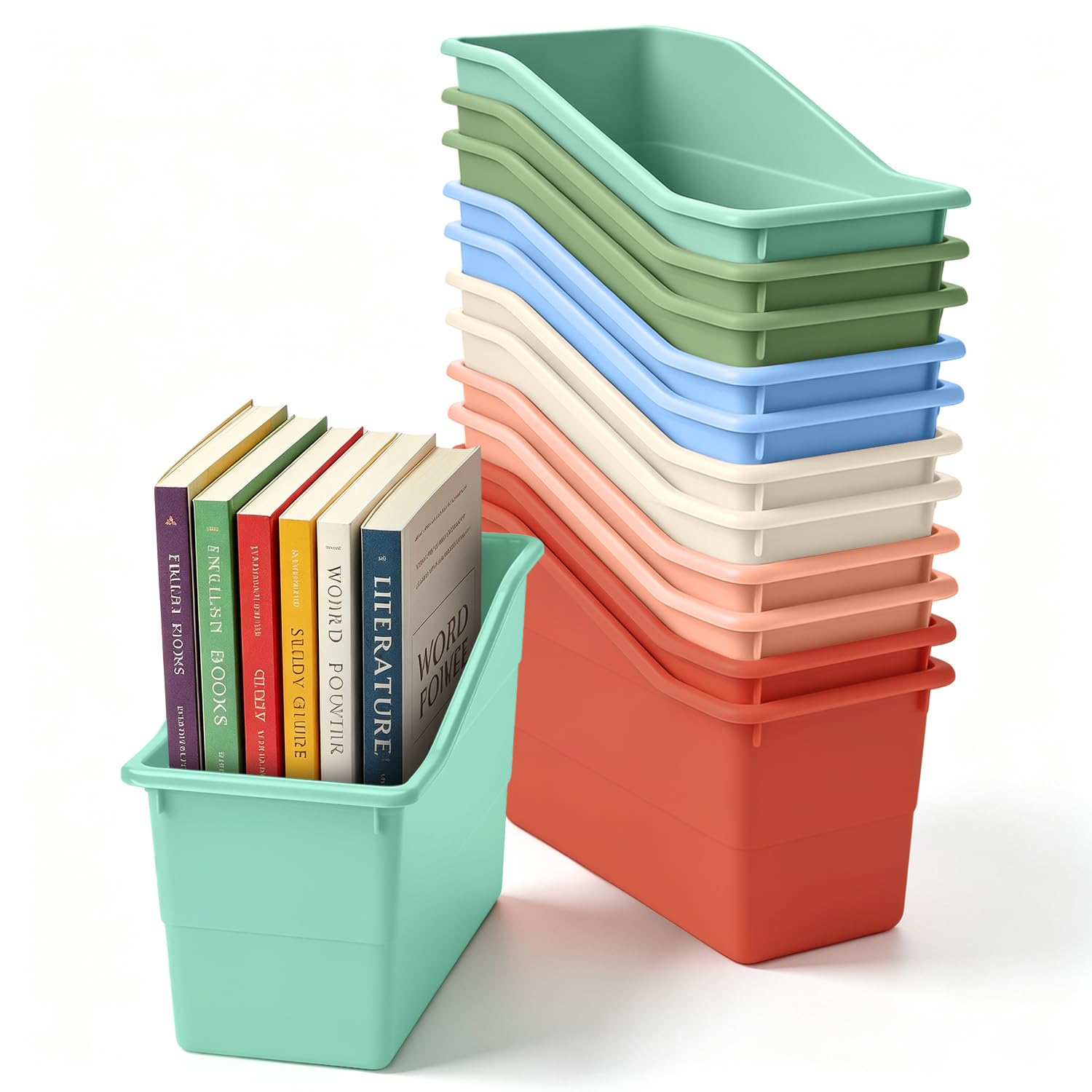 QRRICA Lot de 12 bacs à livres colorés empilables pour salle de classe