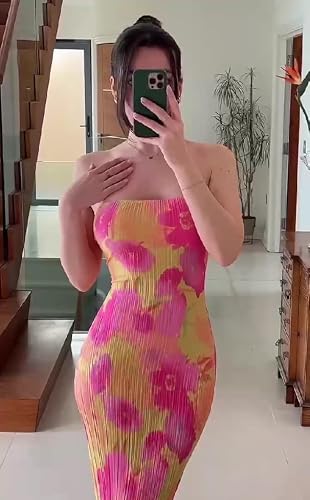 KMBANGI Womens Pleated Tube Maxi Dress Sleeveless Sexy Off Shoulder Strapless Long Dress Tie Up Backless Party Dress(Pink,S)