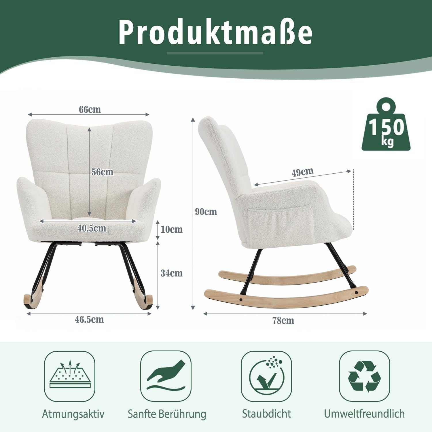 Schaukelstuhl mit weichem Lammfellimitat Beiger Relaxstuhl im Skandi-Stil gepolstert & ergonomisch ideal fürs Wohnzimmer Schlafzimmer