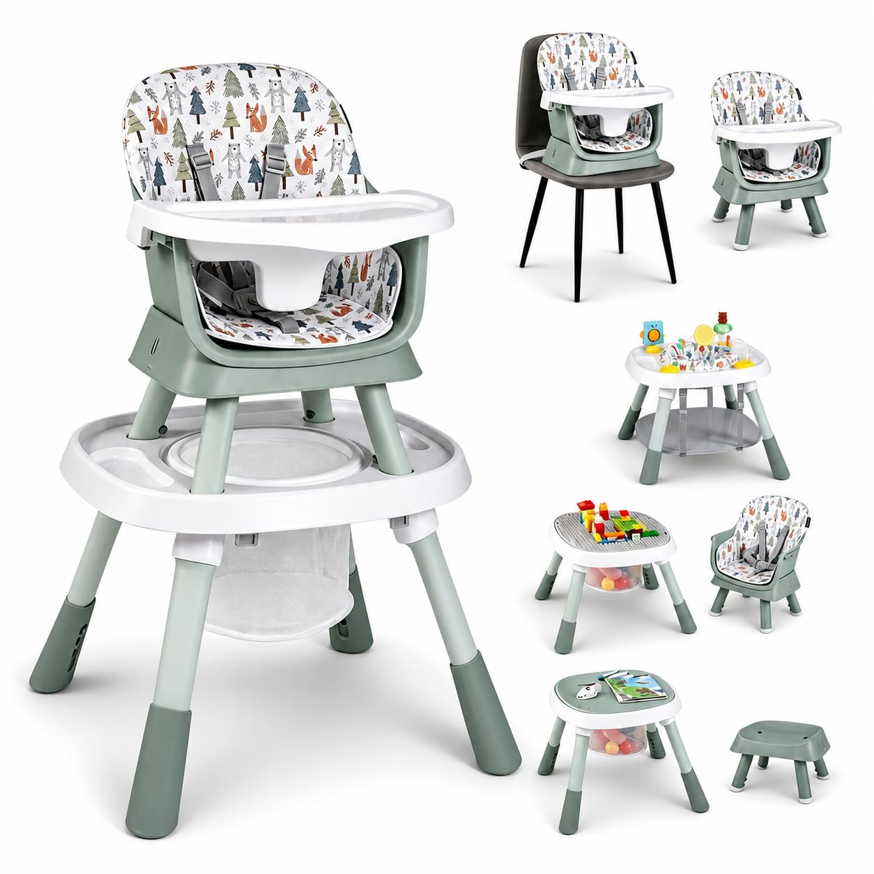  16-in-1 Baby High Chair, Convertible Highchair for Babies and Toddlers/Booster Seat/Activity Center with Toys, Building Block Table & Stool, Safety Harness, Removable Cushion & Tray (Coffee) thumbnail