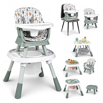 HONEY JOY 16-in-1 Baby High Chair, Convertible Highchair for Babies and Toddlers/Booster Seat/Activity Center with Toys, Building Block Table & Stool, Safety Harness, Removable Cushion & Tray Green