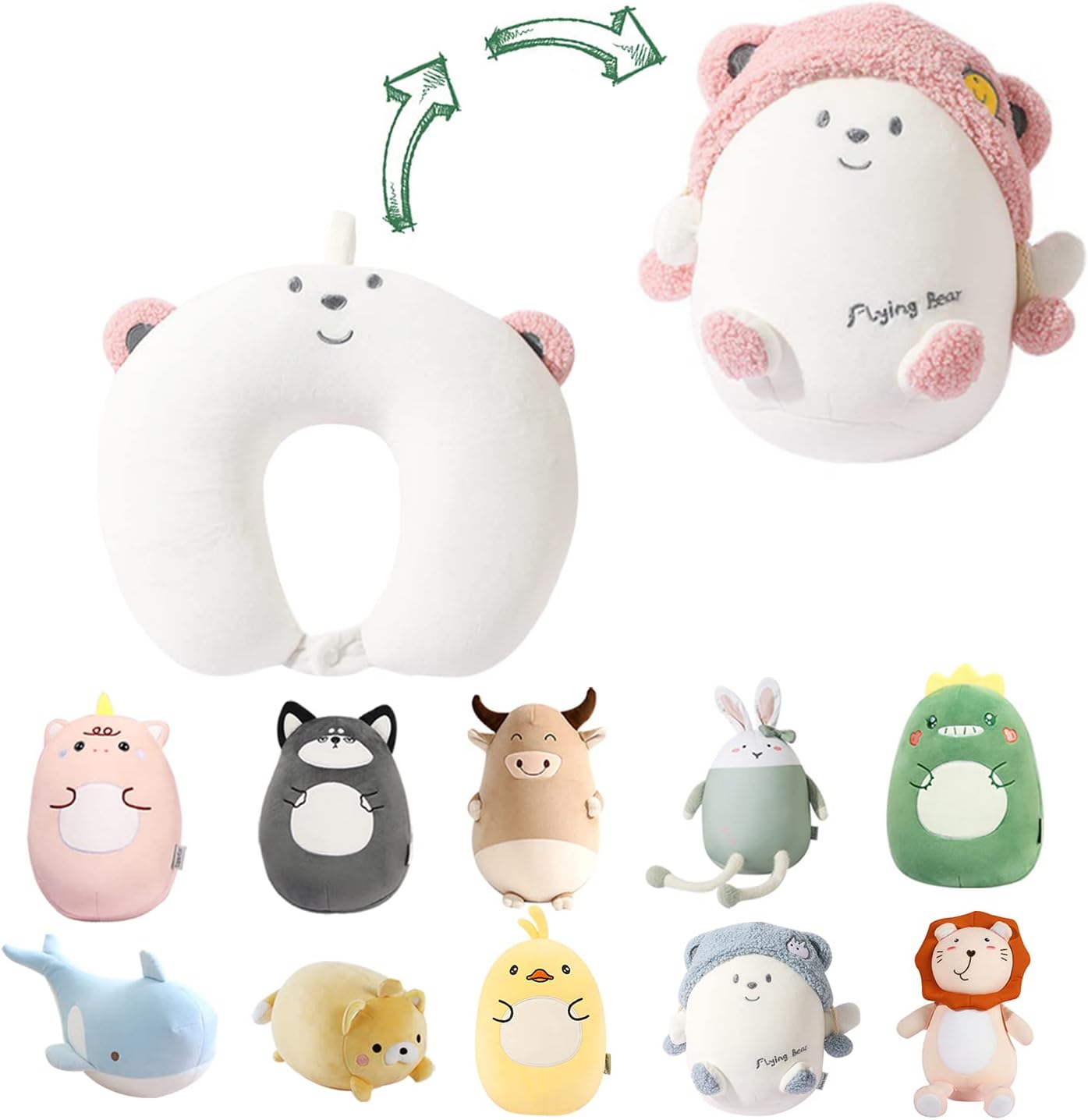 JOYRAVO Kids Travel Pillow – 2-in-1 Deformable Neck Pillow, Soft U-Shaped Pillow with Cute Plush Animals Comfy Sleep and Play Companion for Airplanes, Cars, and Travel – Pink Bear