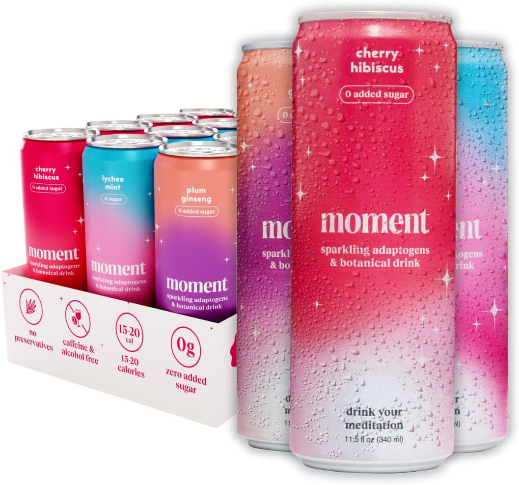 Moment Mocktails Non-Alcoholic Drinks (Shark Tank) - Calm, Clarity & Relaxation with L-Theanine & Ashwagandha - Sparkling Adaptogen Drink - 0 Sugar 0 Caffeine - 12 Pack 11.5 fl oz - Classics