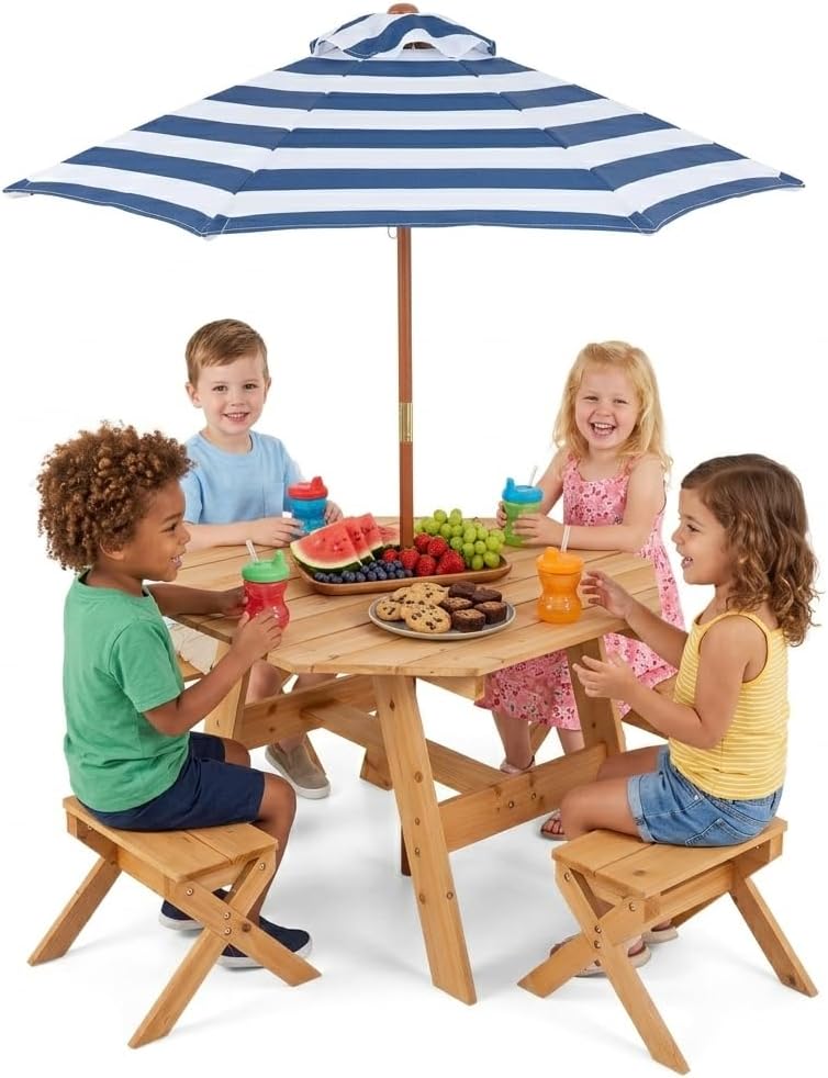 Costzon Kids Picnic Table, Fir Wood Octagon Kids Table and Chair Set with Removable Umbrella, Toddler Activity Table for Backyard, Garden, Patio, Kids Outdoor Furniture for Boys Girls (Natural)