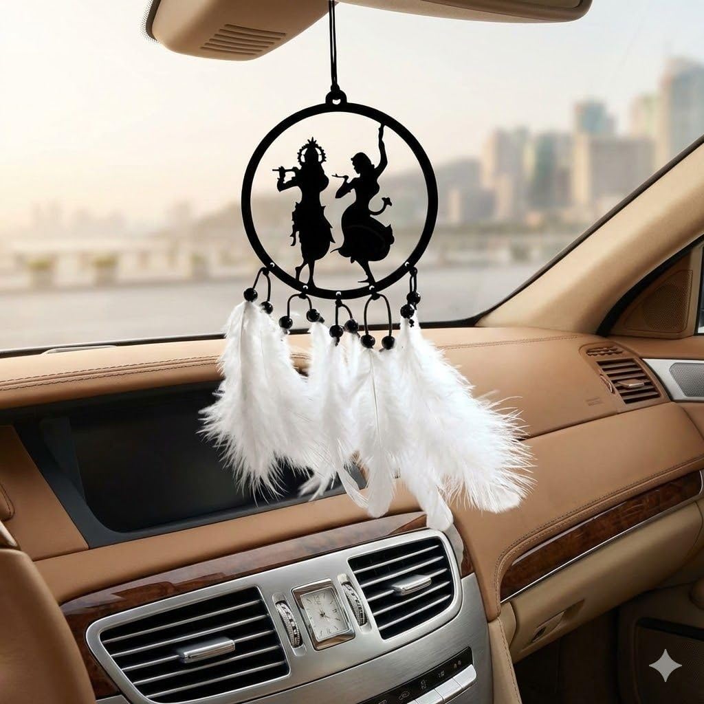 Feelon Radha Krishna Acrylic Car Hanging with White Feathers – Spiritual Dream Catcher Rearview Mirror Accessory for Positive Energy, Good Luck & Auto Interior Decor