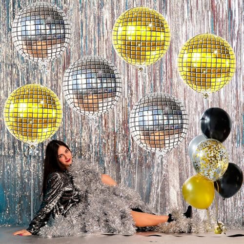 Image of 6 pcs 22Inch Disco Ball Ballons, 4D Large Foil Balloons for 70s Disco Dance Birthday Graduation New Year (Silver /Gold Disco Ball 6pcs)