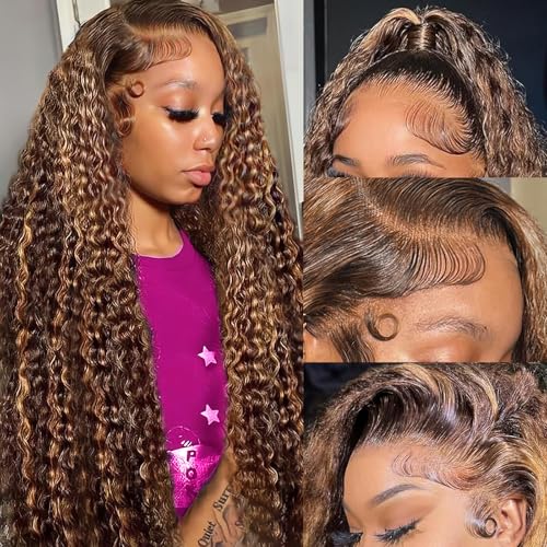 ZZMDS 30 Inch 13x6 4/27 Highlight Deep Wave Lace Front Wigs Human Hair 220 Density Ombre Colored HD Transparent Deep Curly Lace Frontal Wigs Pre Plucked with Baby Hair for Women