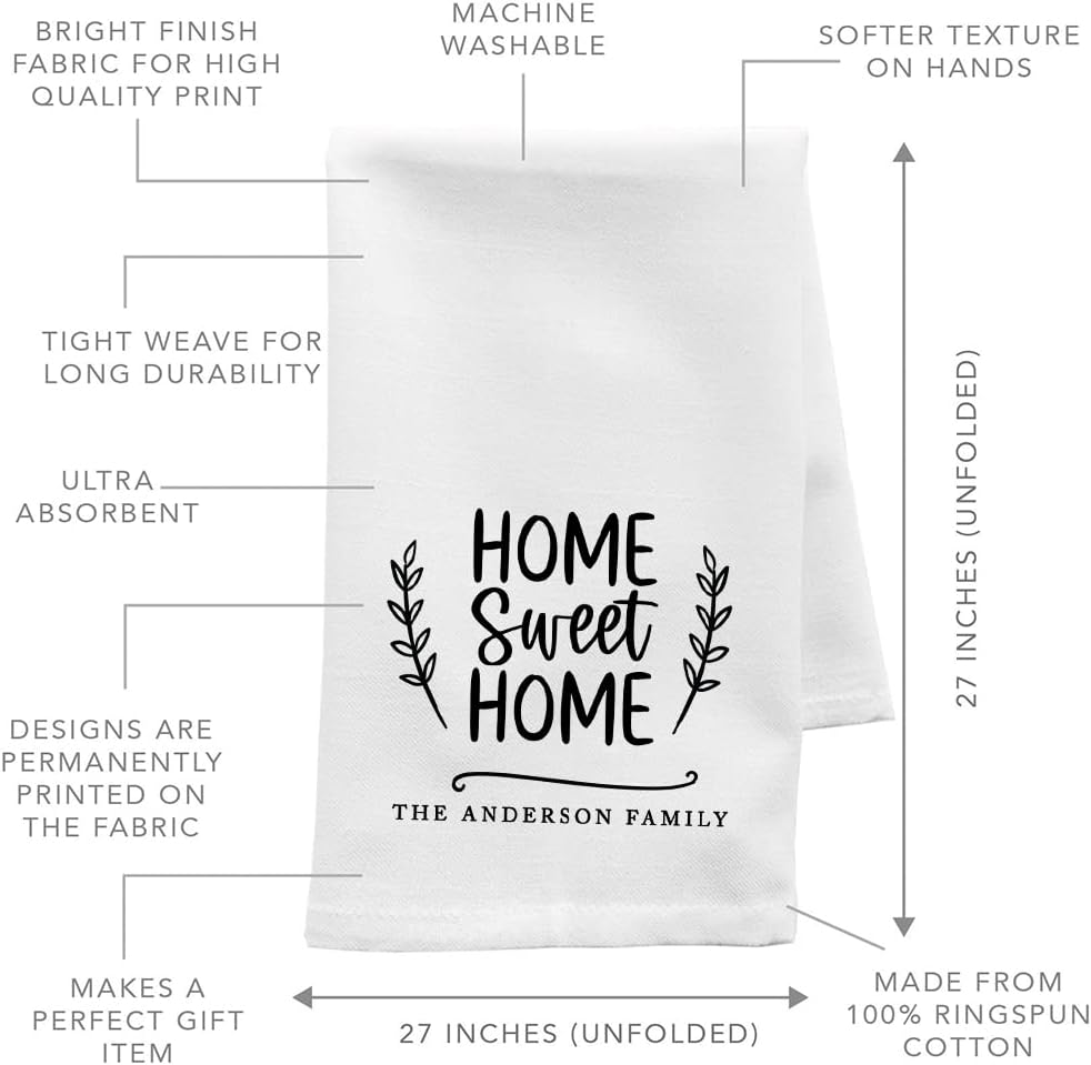 Andaz Press Personalized Kitchen Towel, Flour Sack Tea Towel, Home Sweet Home Custom Family Name Kitchen Gifts Birthday for Mom Daughter Grandma, Housewarming Gift for Couples