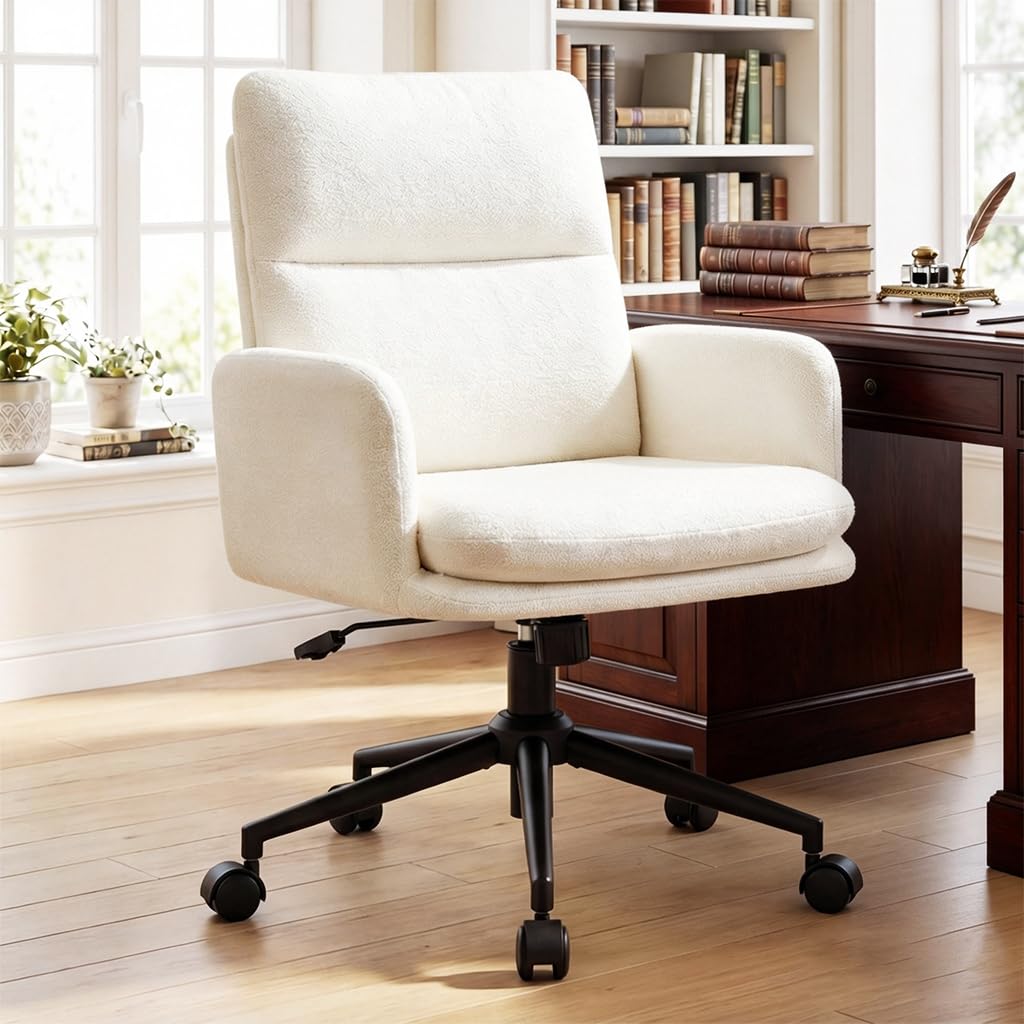Hellove Fauteuil de Bureau Ergonomique, Chaise de Bureau Pivotante à roulettes avec Accoudoirs, Hauteur Réglable 10 cm, Tissu Chenille Beige – Idéale Aussi comme Chaise Coiffeuse