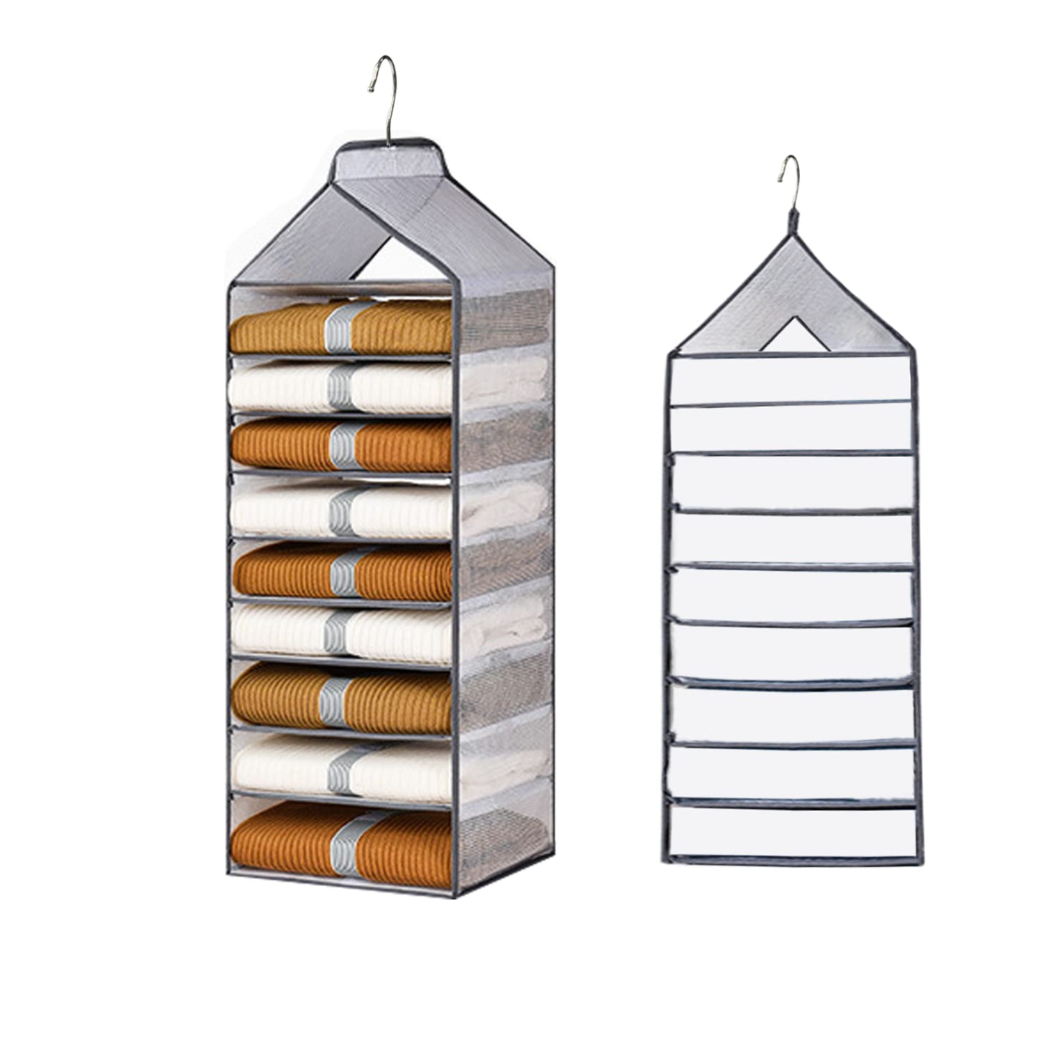 ANAMPION Hanging Shelf Cupboard Organiser, White Transparent Hanging Storage Unit with Hooks, Foldable Locker Organiser for Sweaters, Jeans, T-Shirt, Dress - Drey (9 Units)