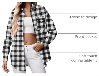 Flannel Shirt Women Trendy Button Down Long Sleeve Plaid Shirts Lightweight Collared Checkered Shackets with Pocket