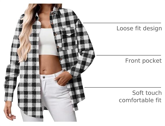 Flannel Shirt Women Trendy Button Down Long Sleeve Plaid Shirts Lightweight Collared Checkered Shackets with Pocket