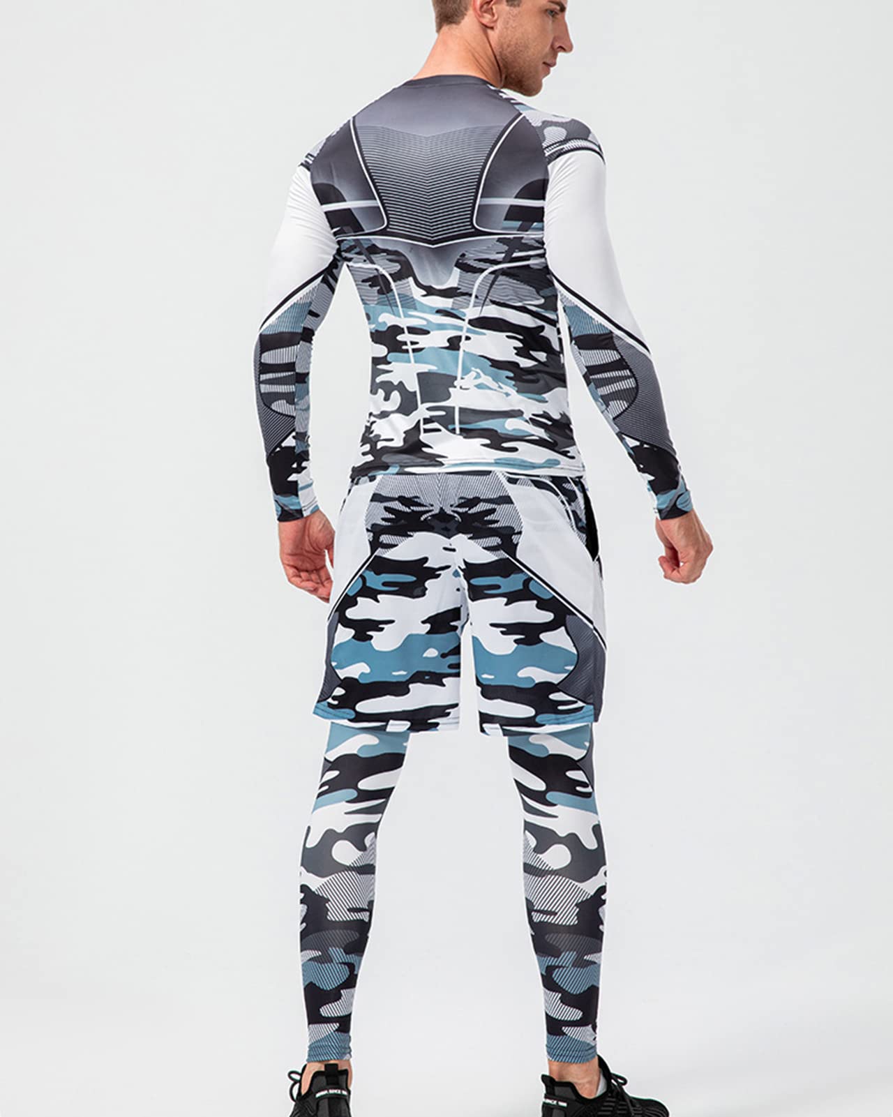Uomo 3 Pezzi Completi Sportivi Abbigliamento Tuta da Fitness Manica Lunga Camicie a Compressione Pantaloni a Compressione Pantaloncini per Corsa Fitness Jogging Palestra Ciclismo