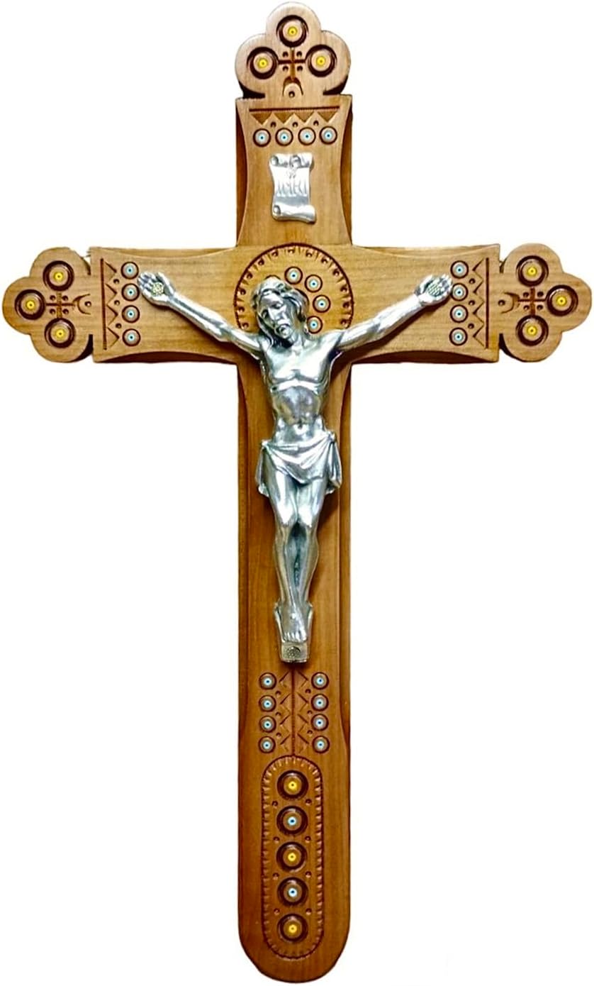 Author's Ukrainian Unique Wooden Wall Cross Crucifix with Jesus Christ Religious Catholic Orthodox INRI NIKA HandMade Carved Gift Souvenir for Home