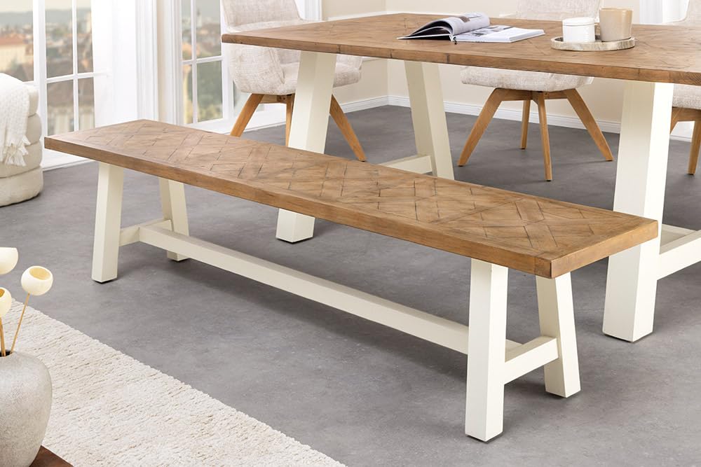 Riess Ambiente Massive Sitzbank Hamptons - 160cm - Hellbraun Creme Pinienholz Esszimmerbank Landhausstil Holzbank massiv