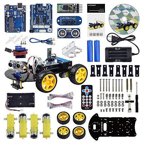 UCTRONICS Smart Bluetooth Robot Car Kit - Board for Arduino UNO R3, Line Tracking, Ultrasonic Sensor, HC-05 Bluetooth, L239D Motor Shield, IR Remote Control, Mobile APP - Charger Included