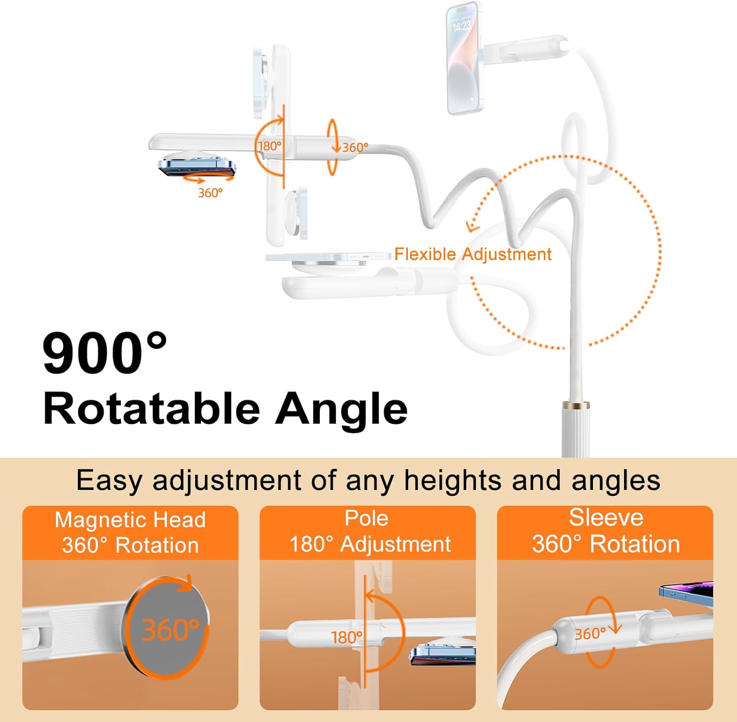 Magnetic Phone Holder for Bed, Gooseneck Cell Phone Stand with Clamp Mount, 900° Rotation Overhead Lazy Bracket with Flexible Long Arm, Compatible with iPhone16/15/14/13/12