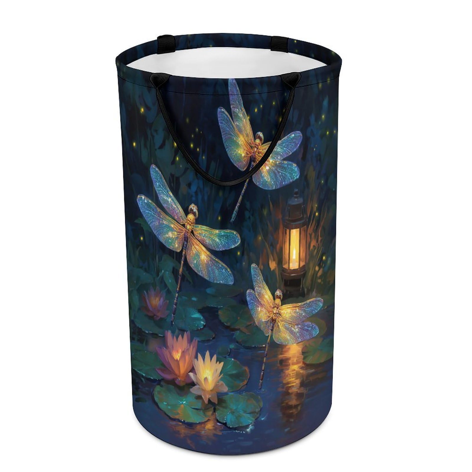LUYYSKY Fantasy Beautiful Animal Dragonfly Collapsible Dirty Clothes Basket, Classic Colorful Starry Sky Galaxy Plant Lotus Flowers Portable Clothes Storage Laundry Basket-40 CM Dia, 69 CM High