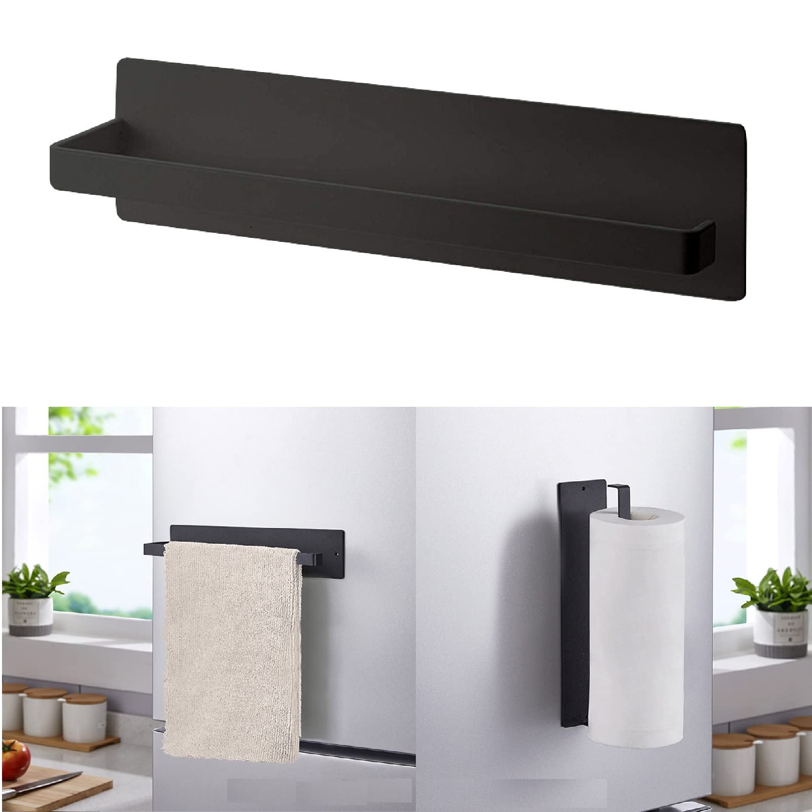 Magnetic Towel Bar, Kitchen Towel Rack Magnetic Paper Towel Holder for Refrigerator Multifunctional Paper Roll Rack Cabinet Towel Bar for Bathroom, Toilet, Drill Free - Black