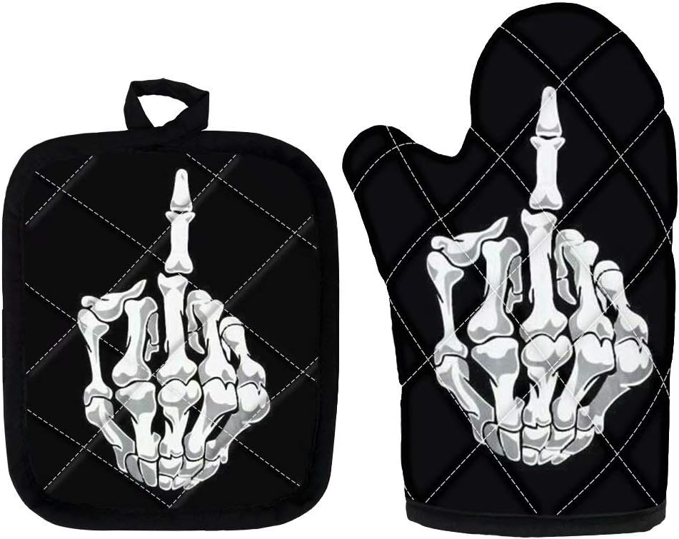 Funny Middle Finger Multi-Function Oven Mitts and Pot Holders 2 Pack,Kitchen Accessories Heat Resistant Hot Pads Polyester Non-Slip Gloves for Kitchen,Cooking,Baking,Grilling