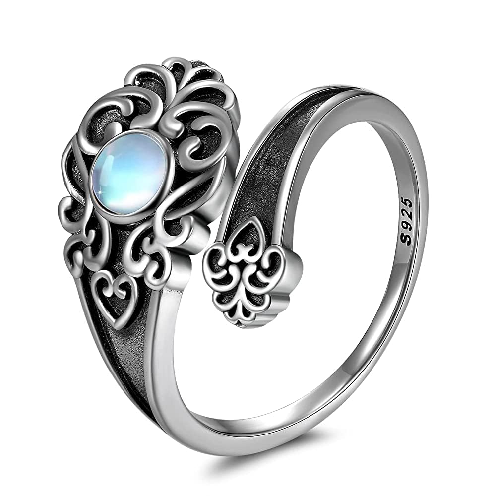 Anillo cuchara Moonstone 925 plata esterlina anillo ajustable abierto oxidado Victorian Vintage Flower anillos para mujer