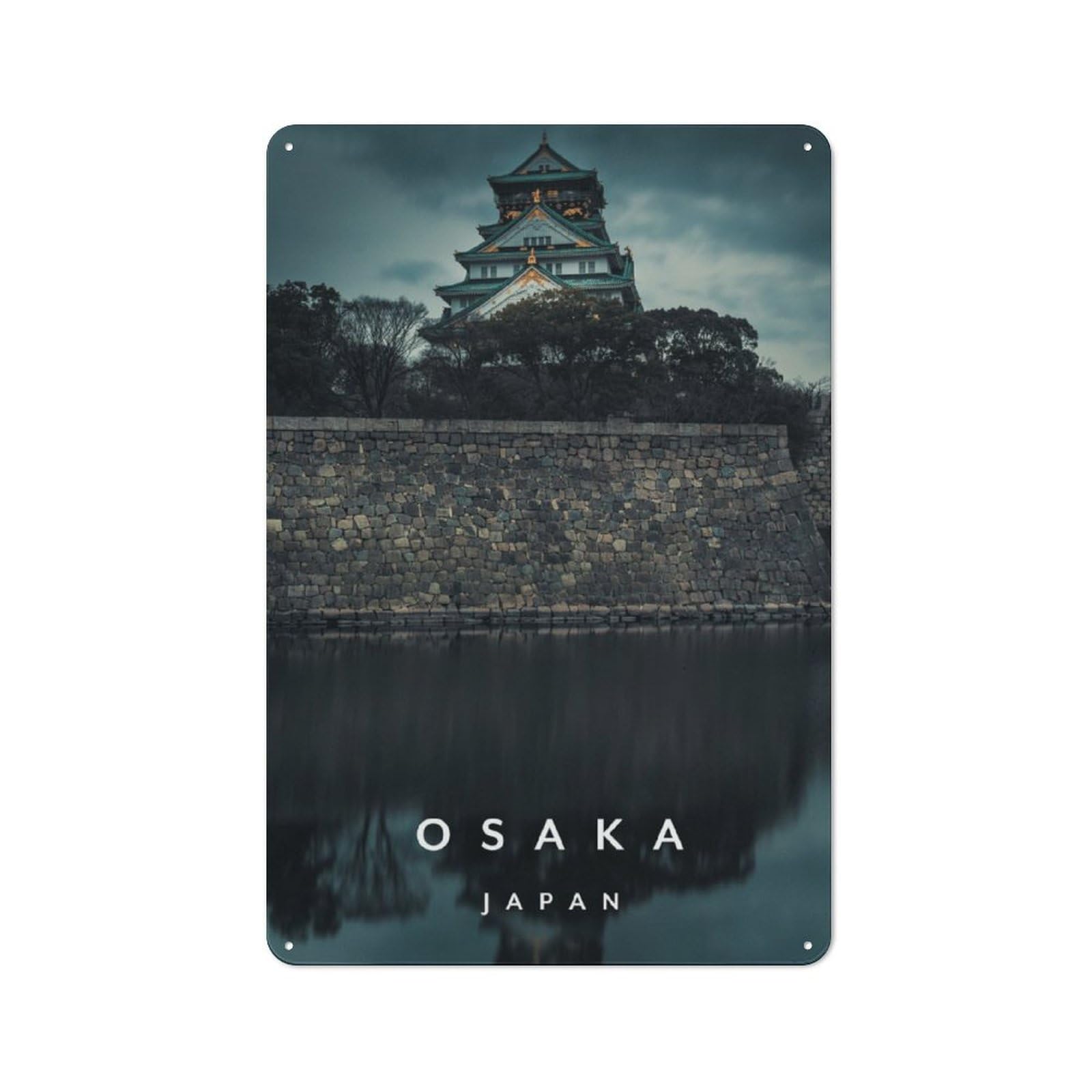Understated Decorative Metal Sign 30x20cm Featuring Osaka Castle, Study Room Decor for Workspace, Cafe, Shop Or Desk Area