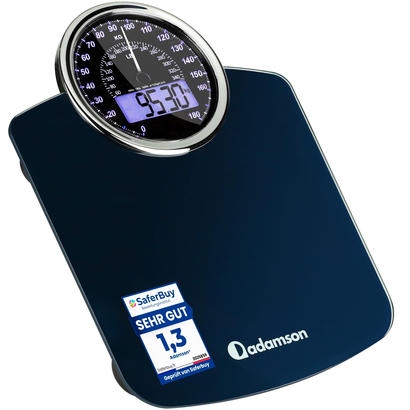 Hybrid Personenwaage - Analog & Digital, Präzise bis 180 kg | Gewicht auf Analogzifferblatt und LCD ablesen. Breite Glasplattform, 3 AAA Batterien inklusive, sofort einsatzbereit.