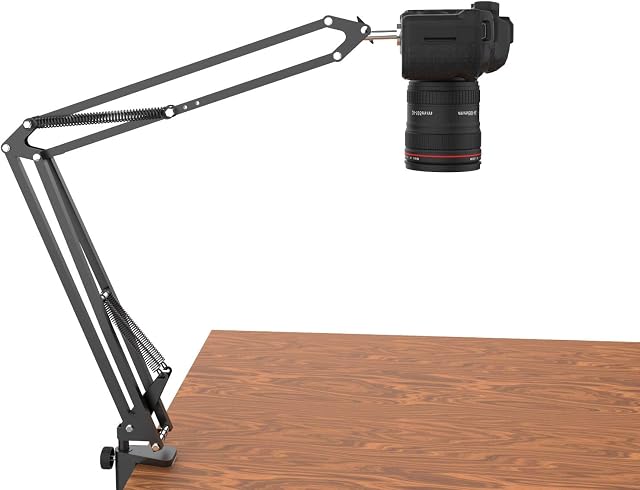 Overhead Tripod For DSLR Cameras, Heavy Duty Camera Desk Mount Stand with Flexible Articulating Boom Arm, Camera Holder Table Clamp for Canon Nikon Sony Fuji SLR Mirrorless Cam Video Photography
