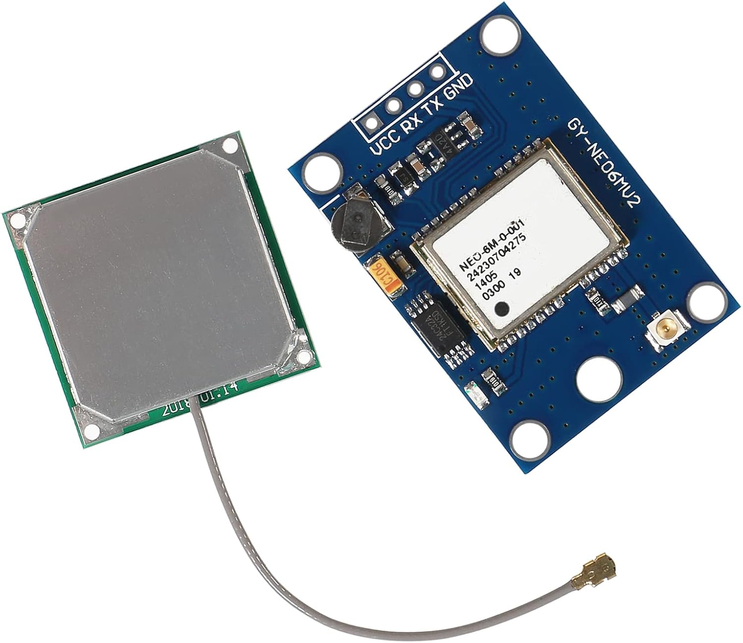 DWEII GY-NEO6MV2 GPS module connected to its ceramic antenna, angled view