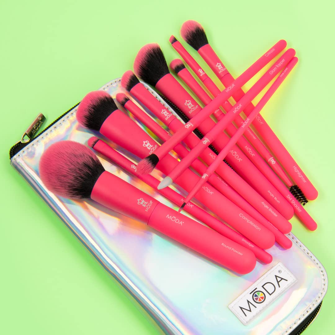 MODA Totally Electric 13-teiliges Make-up-Pinsel-Set für das gesamte Gesicht, inkl. Puder, Teint, Rouge, Shader, Smudger und Faltenpinsel, Neon-Pink