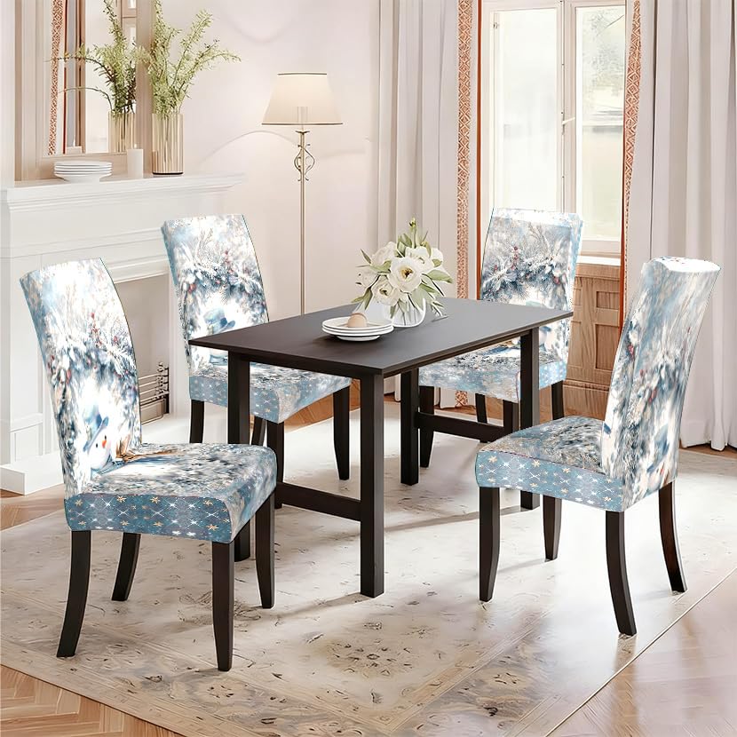 Image of Winter Snowman Dining Chair Covers Set of 4, Christmas Slipcovers