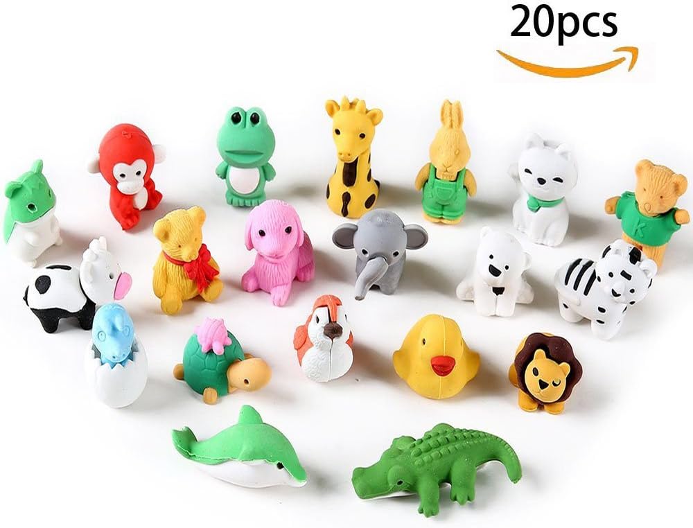 MoloTAR 20 Animal Collectible Set of Random Adorable Novelty Erasers - Amazing Variety with No Duplicates - FUN Toys Best for Party Favors