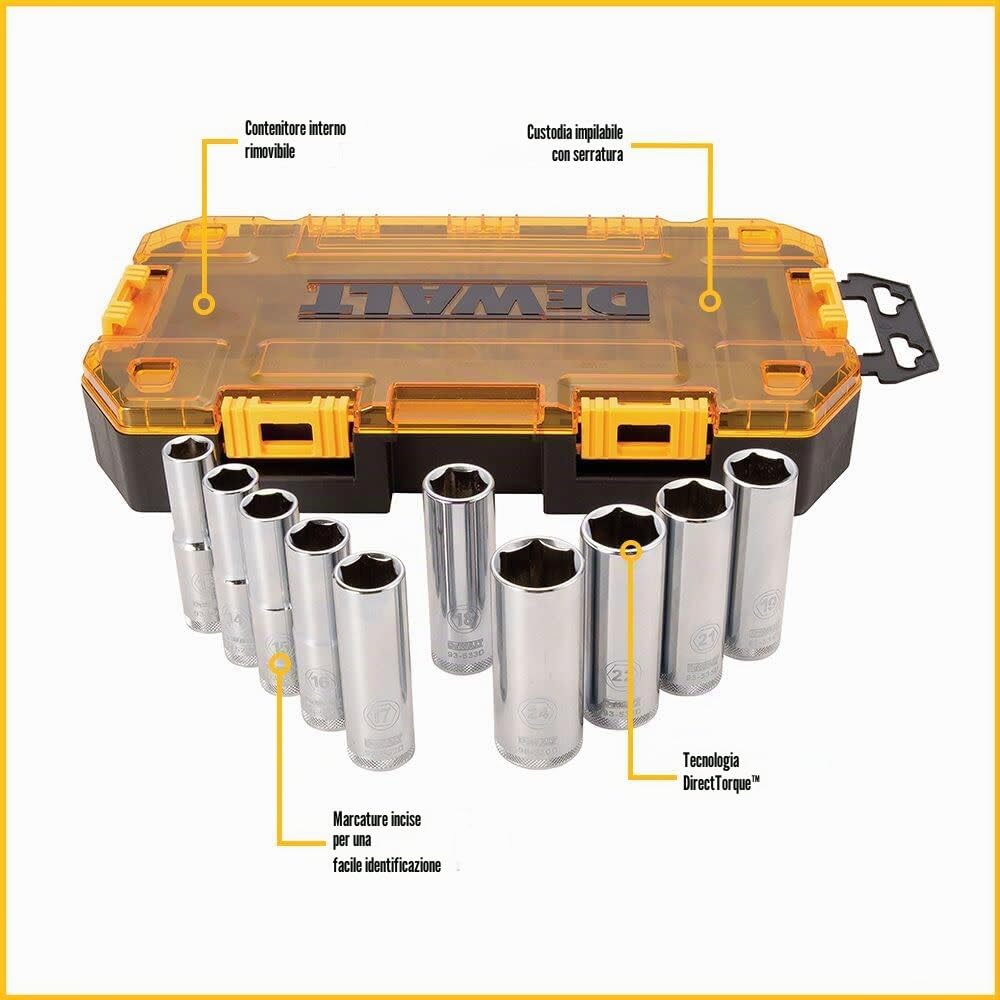 DEWALT DWMT73815 Set di chiavi a bussola profonde con attacco metrico (10 pezzi), 1/2"