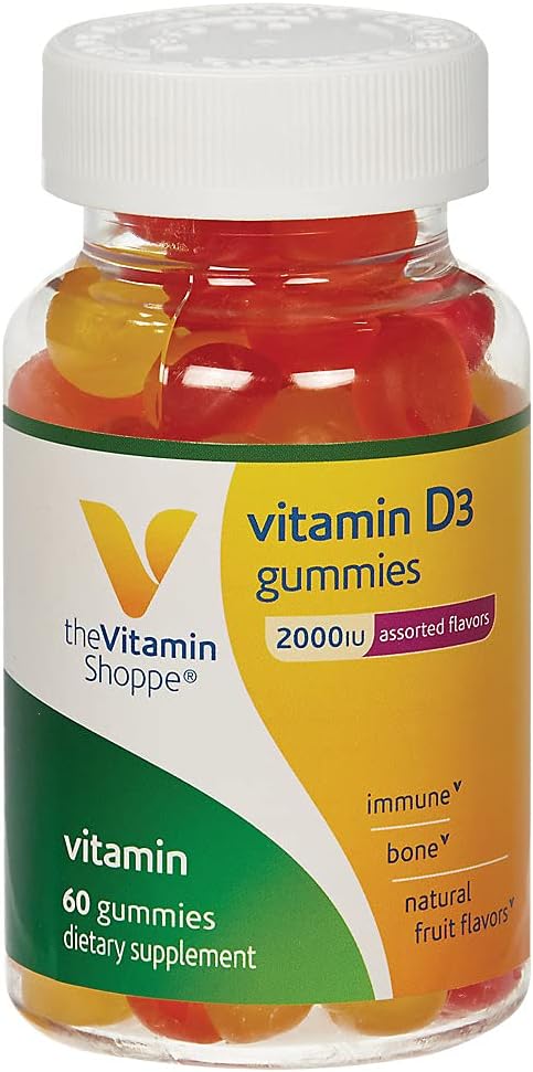 D3 2,000IU Assorted Flavor Gummies, Supports Bone Immune Health, Aids in Cellular Growth Calcium Absorption, Gluten Free Once Daily Formula (60 Gummies) by The Vitamin Shoppe