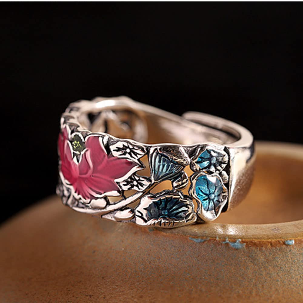 S925 Sterling Silber Charming Pink Lotus Band Ring Golden Lucky Fish Statement Ringe Für Frauen Yoga Medition