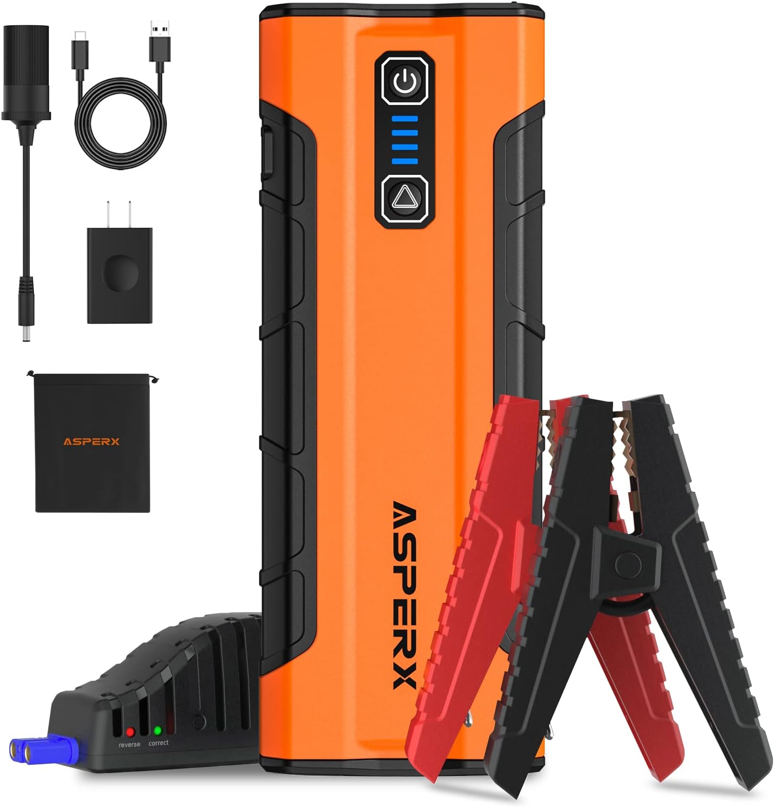 ASPERX AX2500 Jump Starter, 21000mAh 2500A Battery Jump Starter for 10L Gas or 7.3L Diesel Engines, 12V Auto Battery Booster, Lithium Jump Box with USB QC3.0 / Built-in LED Light (Orange)