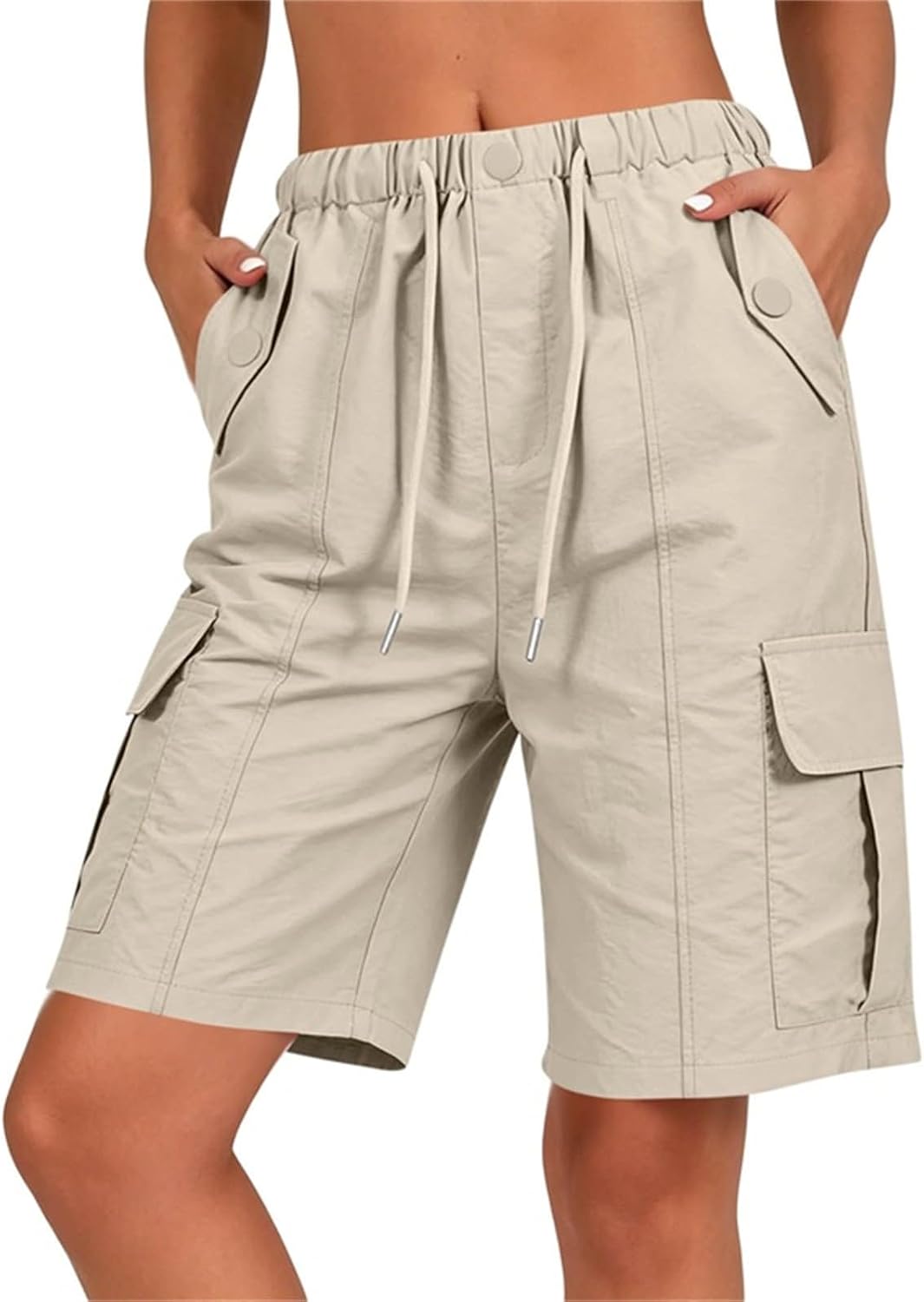 Bermuda Cargo Shorts for Women Casual Drawstring Knee Length High Waisted Wide Leg Loose Hiking Shorts with Pockets