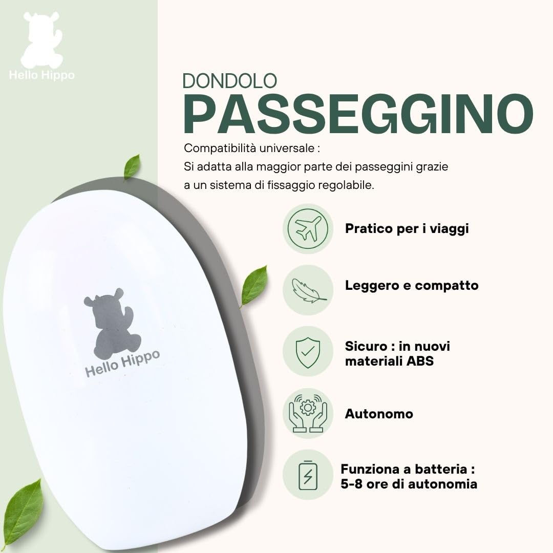 Hello Hippo - Dondolo elettrico - Aiuto per dormire per bambini -ricaricabile USB-C- Baby Rocker- 3 velocità - adatta a tutti i passeggini e passeggini – silenzioso, compatto e portatile