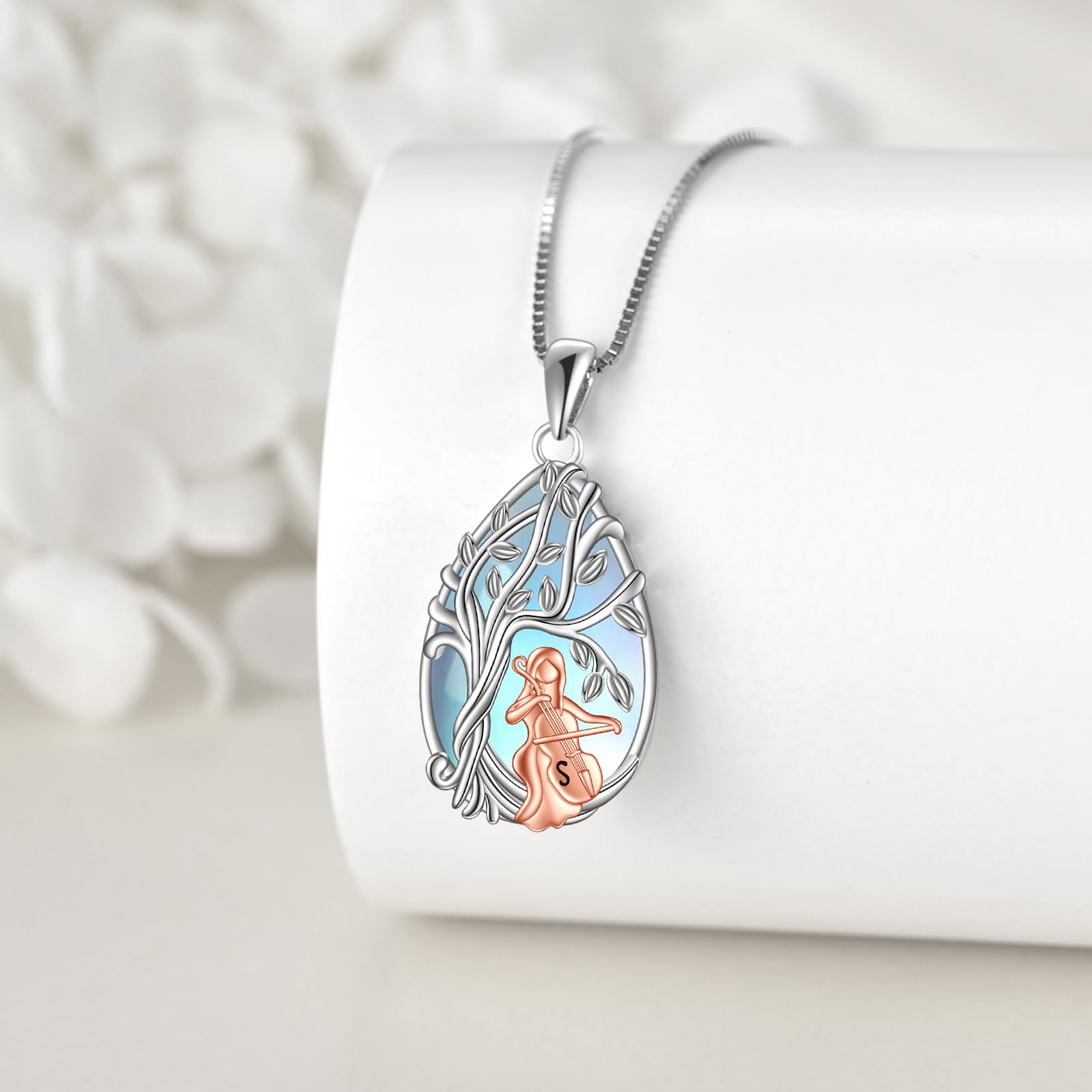 YAFEINI Collar de violonchelo para mujer, plata de ley, collar de piedra lunar, joyería de violonchelo, regalos para niñas, Piedra lunar de imitación