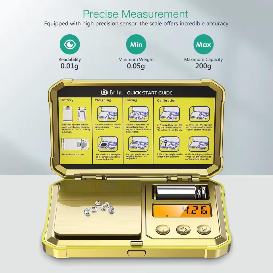 Digital Jewelry Scale 200g 0.01g Pocket Scales with 50g Calibration Weight Electronic Smart Scale for Professional Weighing