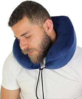 وسادة رقبة سفر مرتفعة ميموري فوم – غطاء قطيفة فاخر قابل للإزالة وسهل التنظيف – دعم مريح للرقبة أثناء الطيران والرحلات – من ماكس كومفورت – لون كحلي
