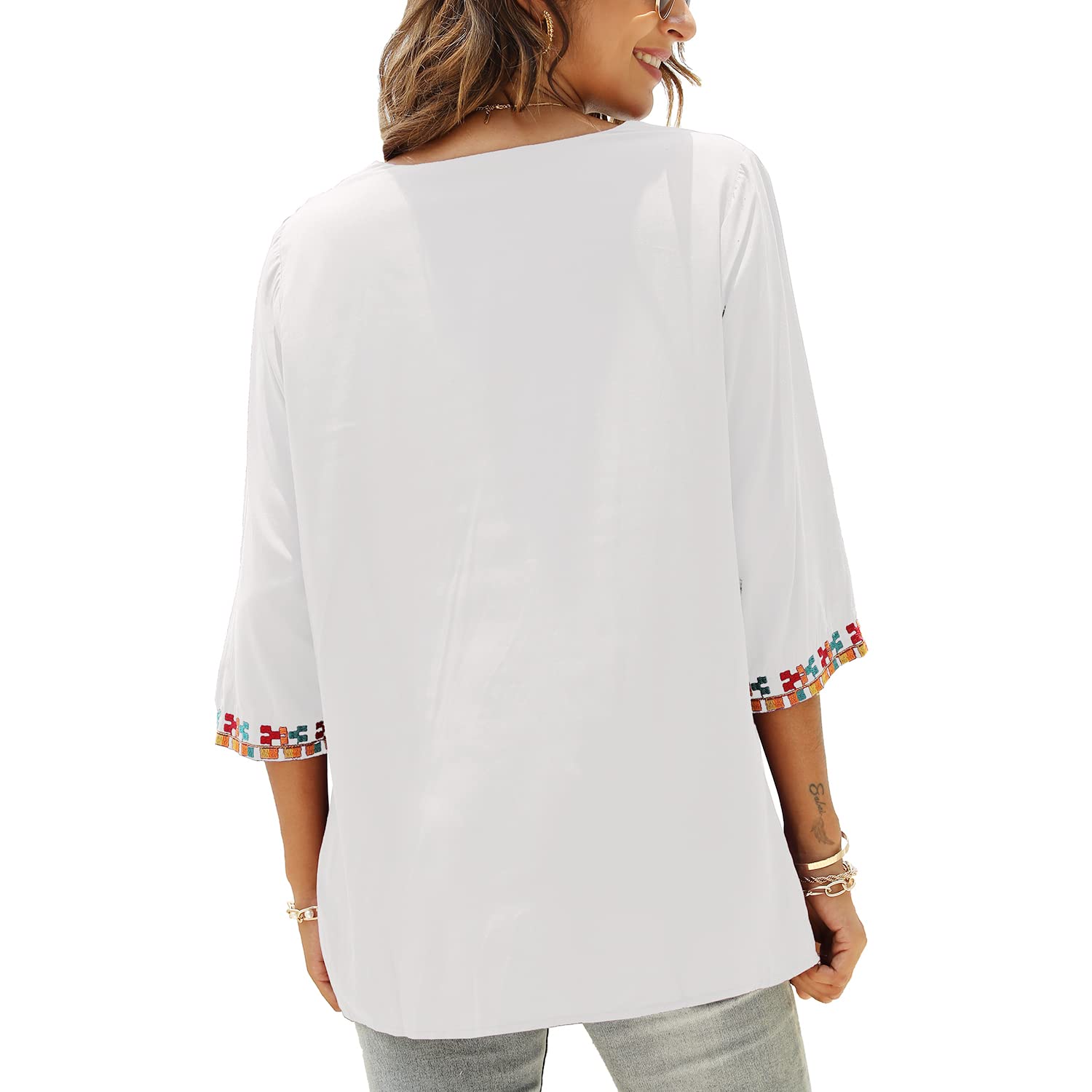 Seasonal Maglietta Estiva da Donna con Ricamo, Camicia Ricamata, Scollo a V, Maniche a 3/4, Top a Tunica, da Donna